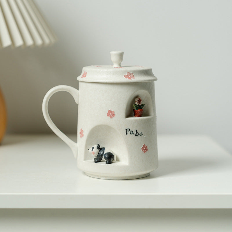 Authentic Rock Mineral White Sculpted Panda Yanqing Ceramic Mug with Lid - 350ml Dust-Proof Office Cup