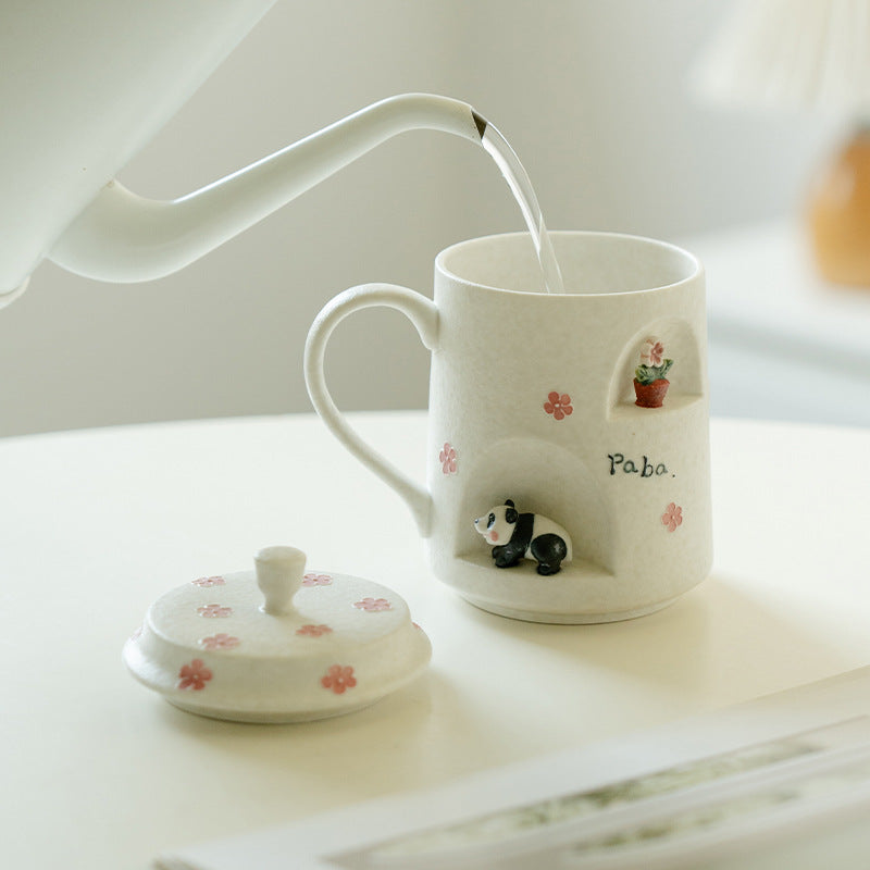 Authentic Rock Mineral White Sculpted Panda Yanqing Ceramic Mug with Lid - 350ml Dust-Proof Office Cup