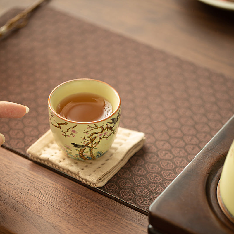 Authentic Beige Ru Ware Celadon Flower & Bird Crackle Master Teacup - 80ml Gongfu Cup