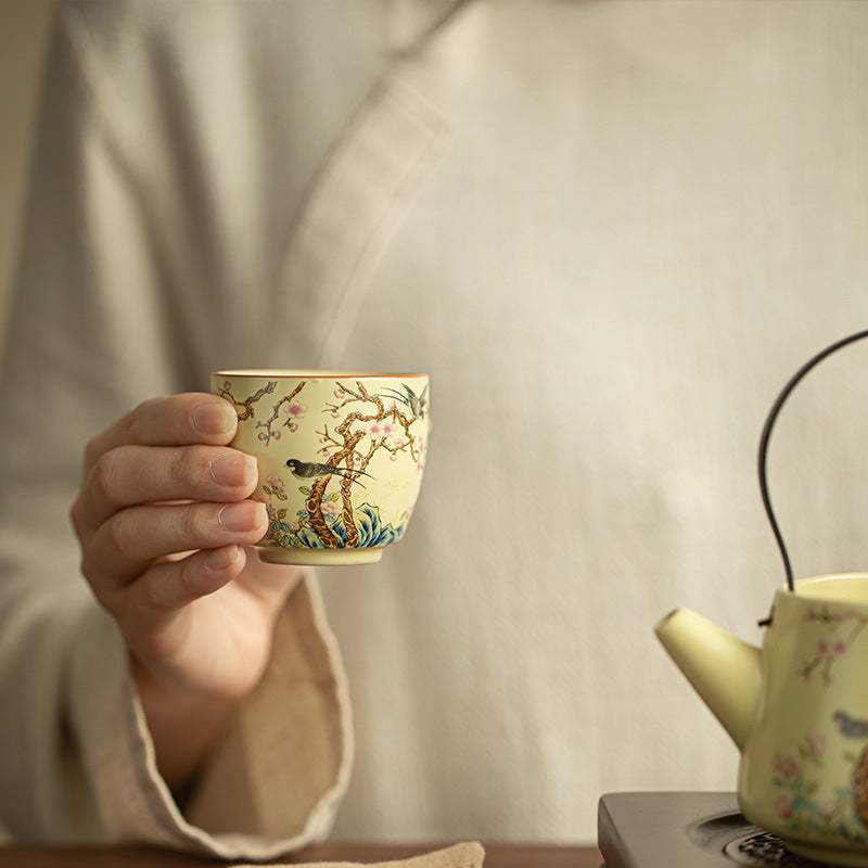 Authentic Beige Ru Ware Celadon Flower & Bird Crackle Master Teacup - 80ml Gongfu Cup