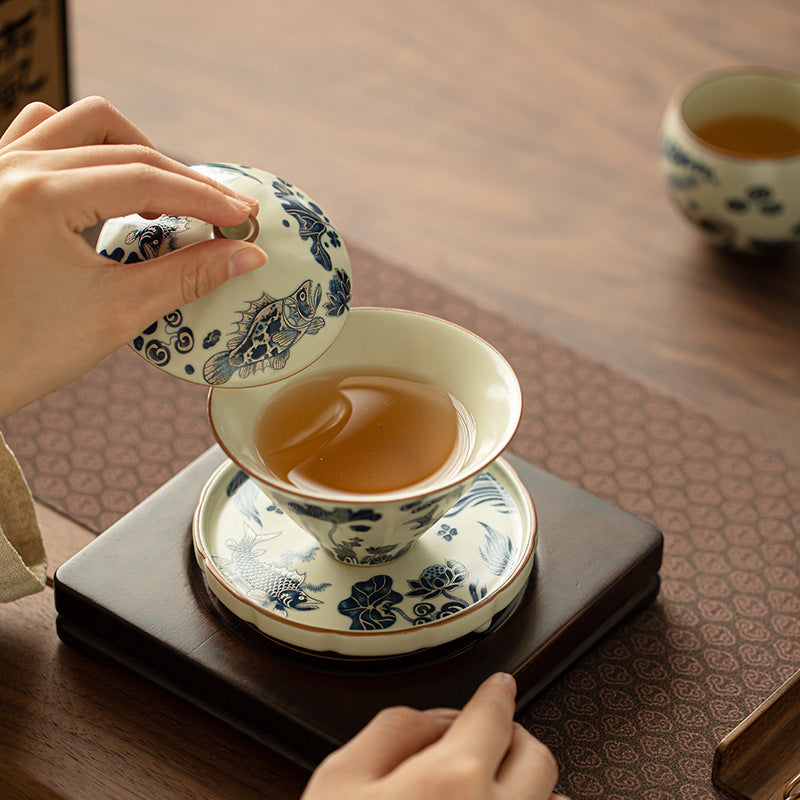 Authentic Jingdezhen Underglaze Cobalt Fish & Algae Douli San Cai Gaiwan - 160ml Gongfu Tea Bowl