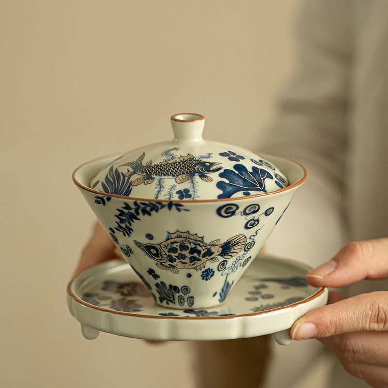 Authentic Jingdezhen Underglaze Cobalt Fish & Algae Douli San Cai Gaiwan - 160ml Gongfu Tea Bowl