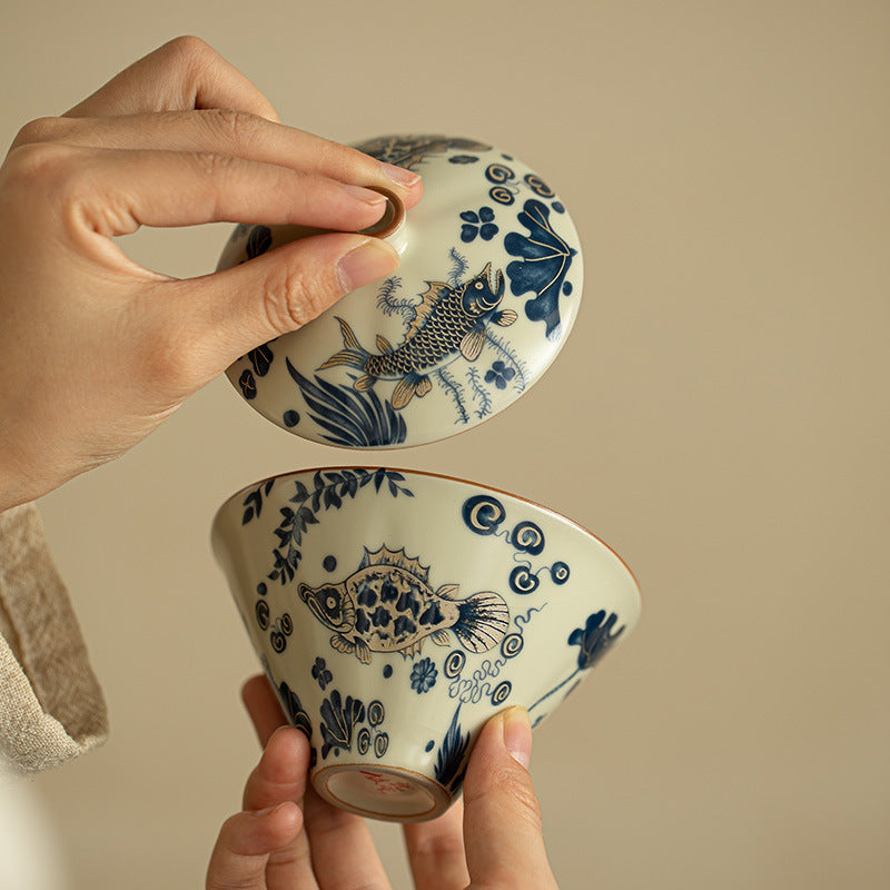 Authentic Jingdezhen Underglaze Cobalt Fish & Algae Douli San Cai Gaiwan - 160ml Gongfu Tea Bowl
