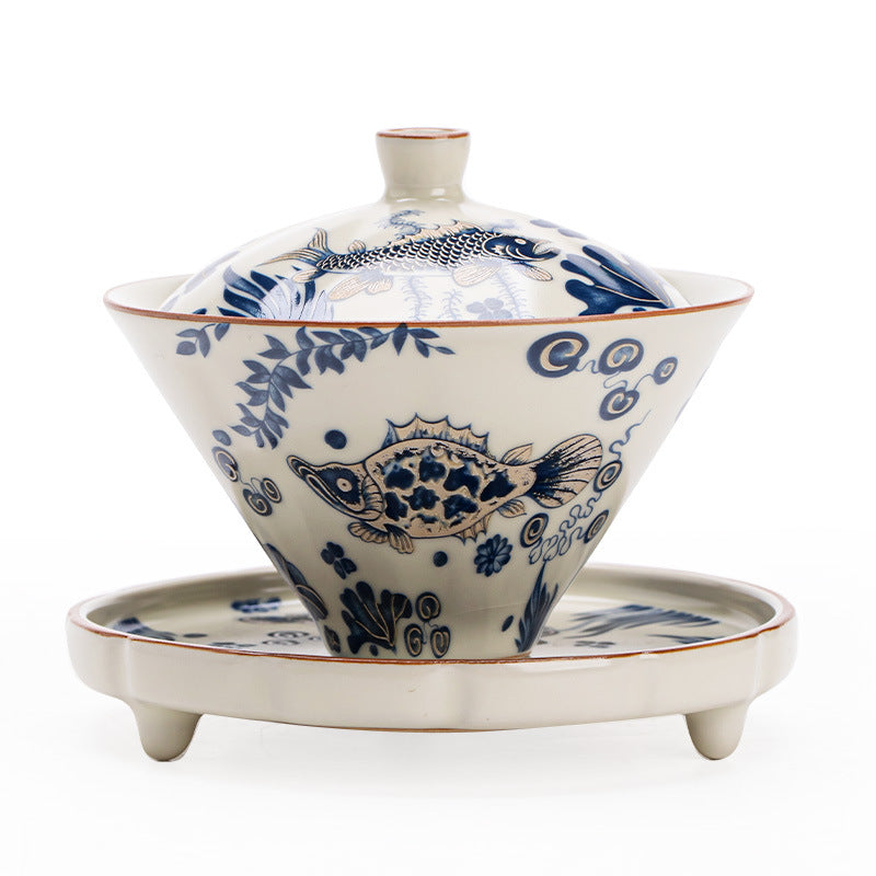 Authentic Jingdezhen Underglaze Cobalt Fish & Algae Douli San Cai Gaiwan - 160ml Gongfu Tea Bowl