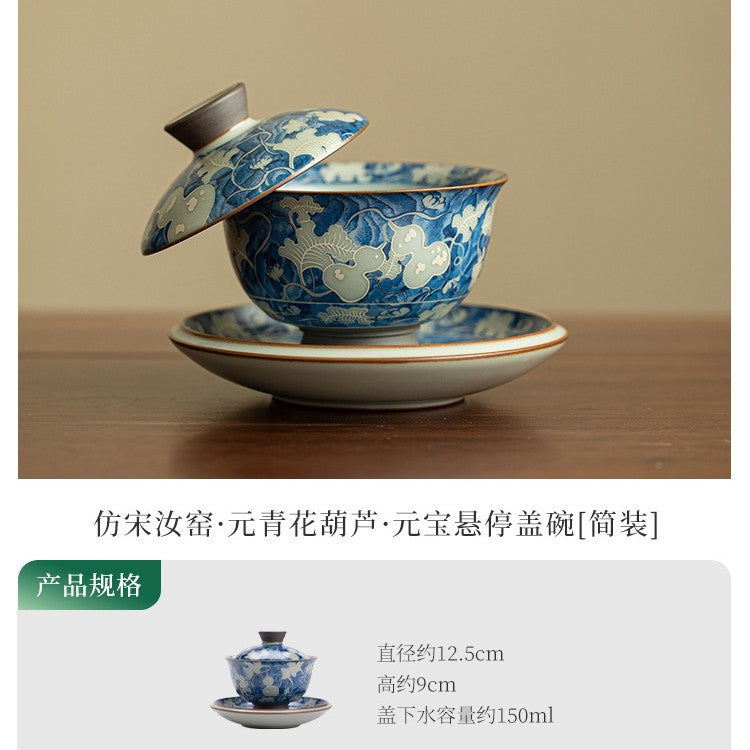 Authentic Ru Ware Celadon Yuan Blue & White Gourd-Ingot Hover-Suspension Gaiwan - 165ml Tea Bowl