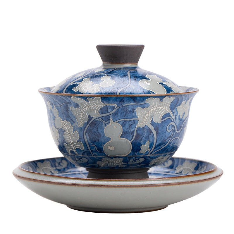 Authentic Ru Ware Celadon Yuan Blue & White Gourd-Ingot Hover-Suspension Gaiwan - 165ml Tea Bowl