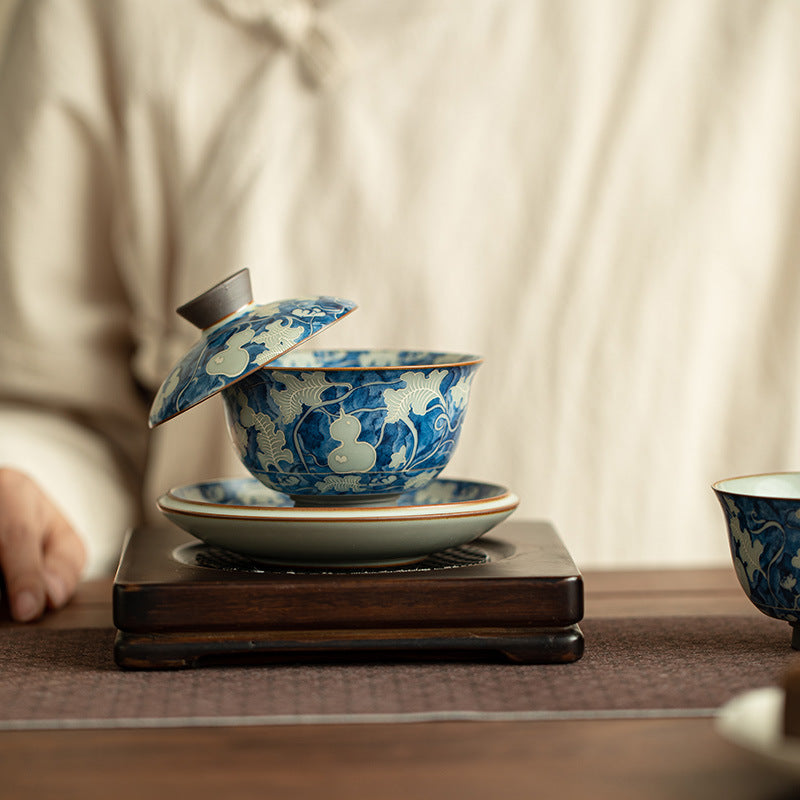 Authentic Ru Ware Celadon Yuan Blue & White Gourd-Ingot Hover-Suspension Gaiwan - 165ml Tea Bowl