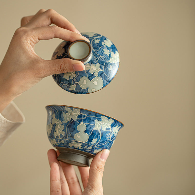 Authentic Ru Ware Celadon Yuan Blue & White Gourd-Ingot Hover-Suspension Gaiwan - 165ml Tea Bowl
