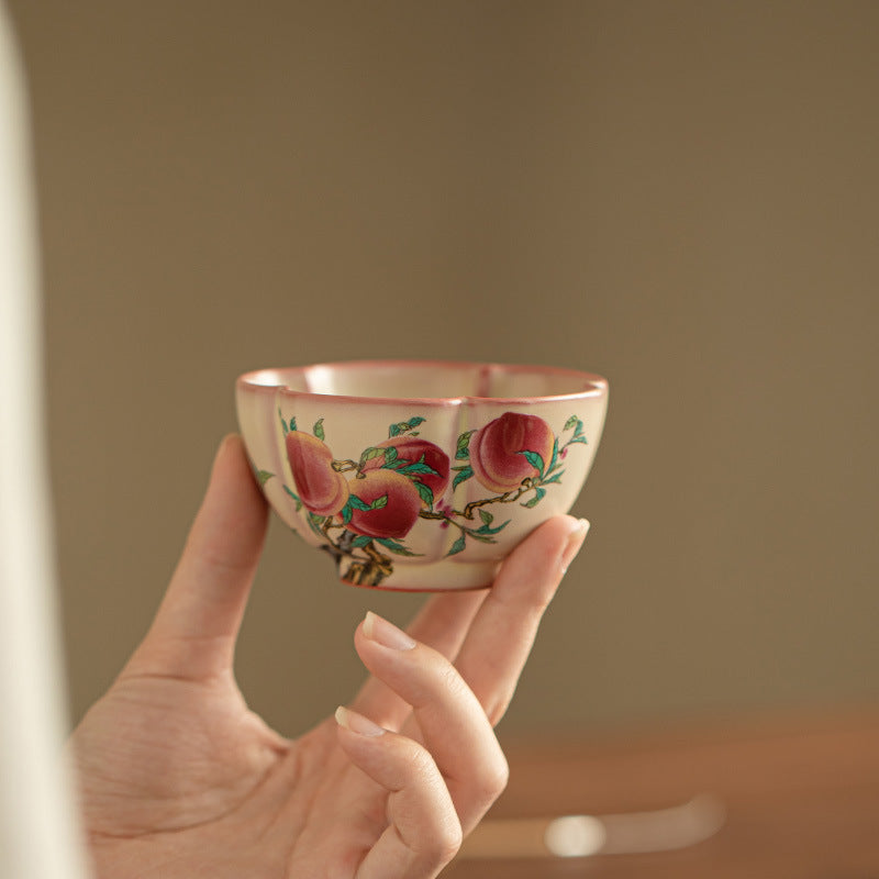 Authentic Jingdezhen Famille-Rose Nine Peaches Petal-Flared Ceramic Master Teacup - 85ml Cup