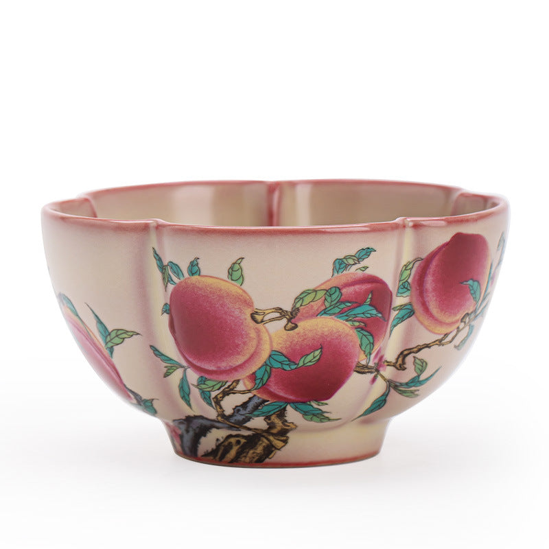 Authentic Jingdezhen Famille-Rose Nine Peaches Petal-Flared Ceramic Master Teacup - 85ml Cup