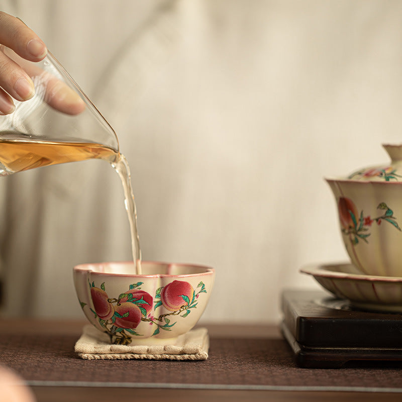 Authentic Jingdezhen Famille-Rose Nine Peaches Petal-Flared Ceramic Master Teacup - 85ml Cup