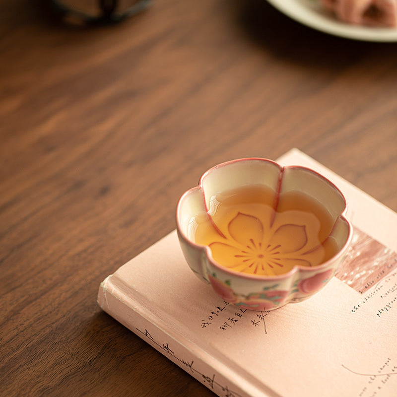 Authentic Jingdezhen Famille-Rose Nine Peaches Petal-Flared Ceramic Master Teacup - 85ml Cup