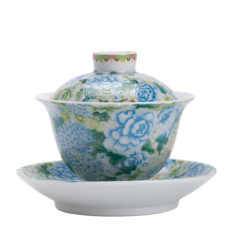 Authentic Jingdezhen Imperial Wanhua Peony Hall of Splendor Large San Cai Gaiwan - 190ml Tea Bowl