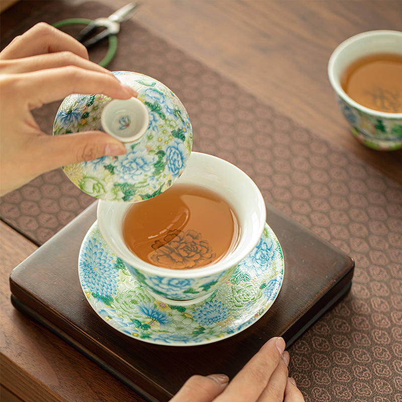 Authentic Jingdezhen Imperial Wanhua Peony Hall of Splendor Large San Cai Gaiwan - 190ml Tea Bowl
