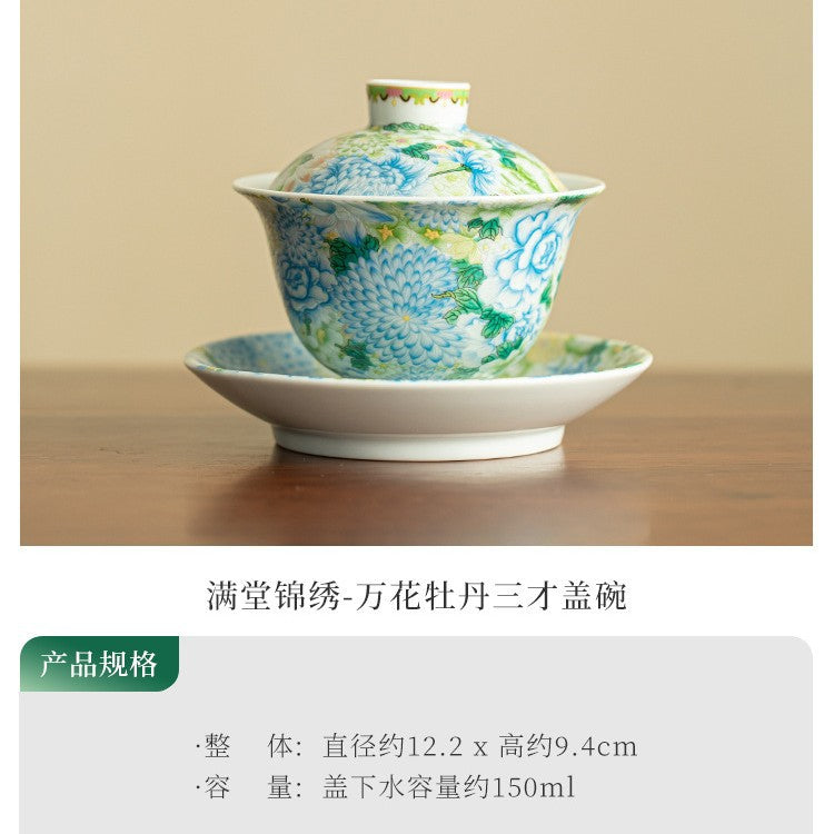 Authentic Jingdezhen Imperial Wanhua Peony Hall of Splendor Large San Cai Gaiwan - 190ml Tea Bowl