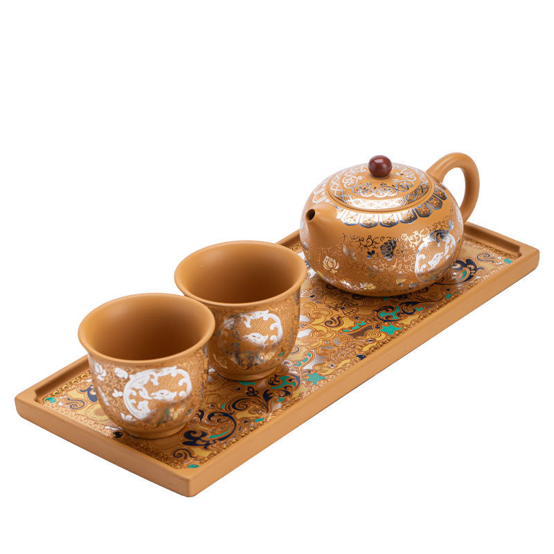 Handcrafted Golden Duan Clay Phoenix-Cry Xishi Teapot & 2 Cups Set - 180ml Gift Box Suite