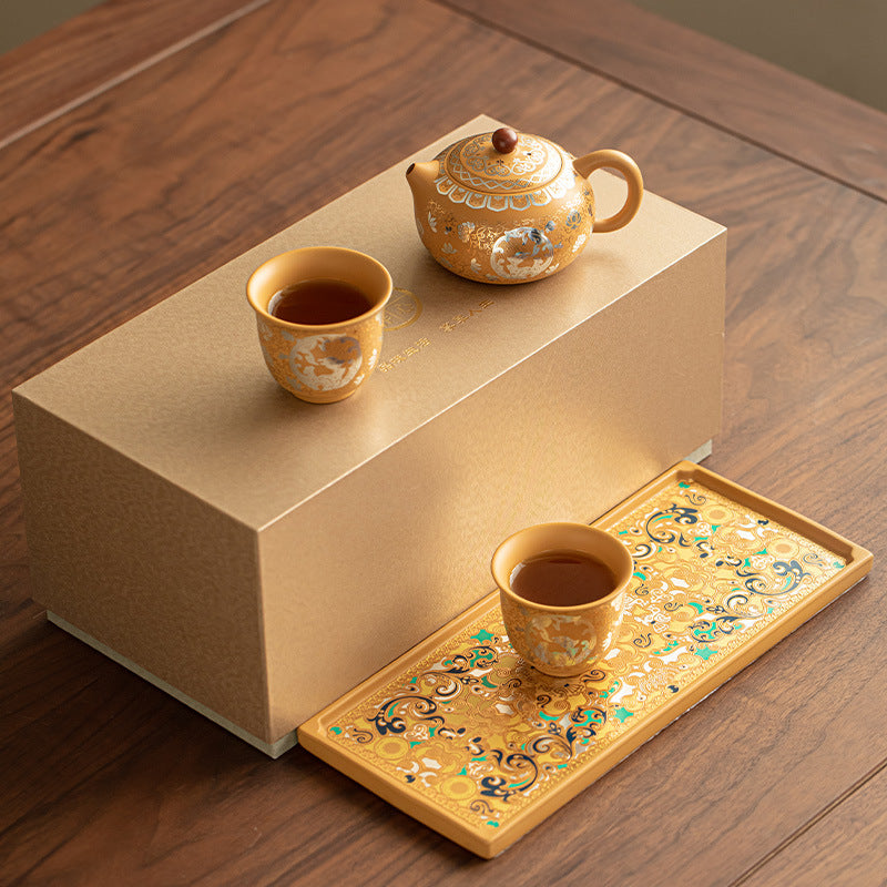 Handcrafted Golden Duan Clay Phoenix-Cry Xishi Teapot & 2 Cups Set - 180ml Gift Box Suite