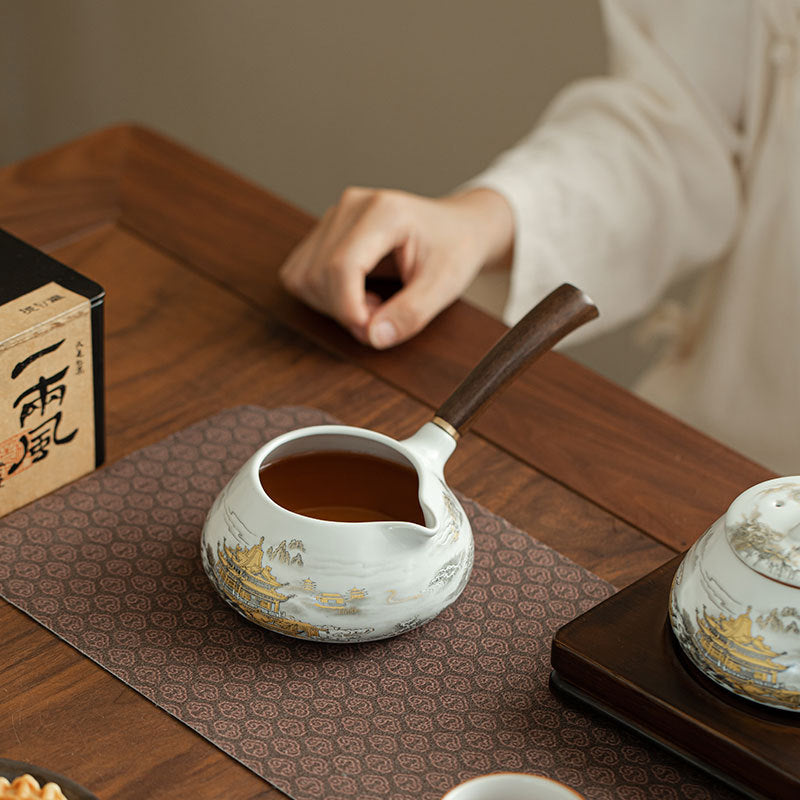 Authentic Ru Ware Celadon 24K Gold Mountain Side-Handle Fairness Pitcher - 200ml Anti-Scald Cha Hai