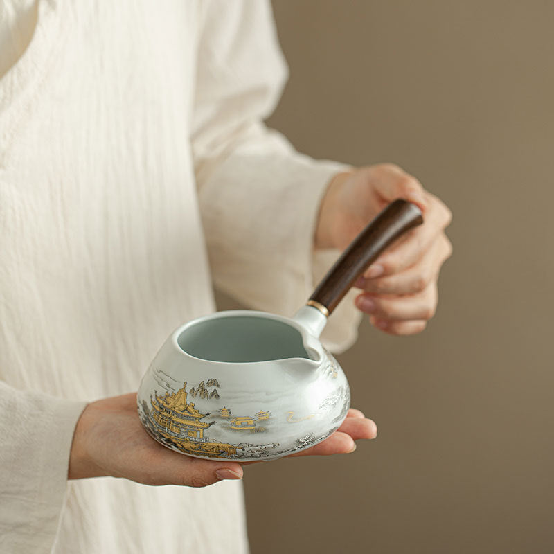 Authentic Ru Ware Celadon 24K Gold Mountain Side-Handle Fairness Pitcher - 200ml Anti-Scald Cha Hai