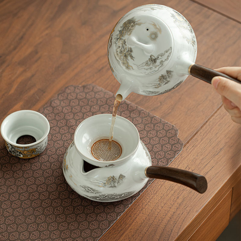Authentic Ru Ware Celadon 24K Gold Mountain Side-Handle Fairness Pitcher - 200ml Anti-Scald Cha Hai