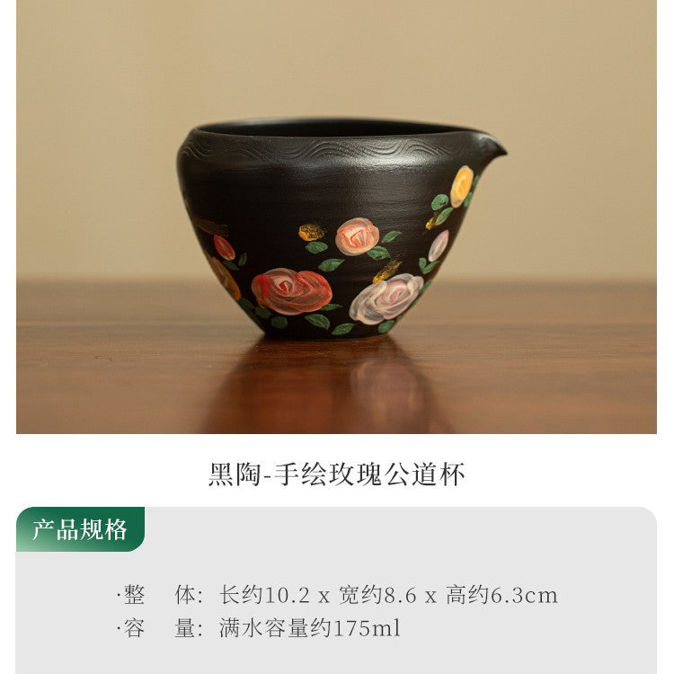 Authentic Jingdezhen Black Pottery Hand-Painted Rose Fairness Pitcher - 220ml Gongfu Cha Hai