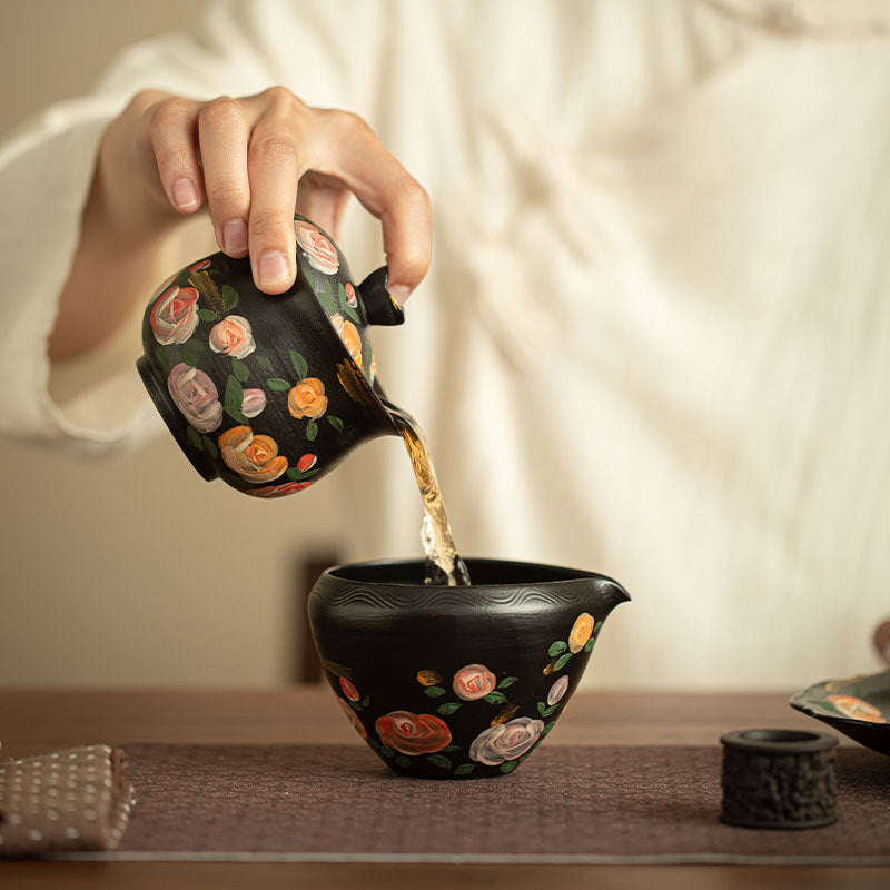 Authentic Jingdezhen Black Pottery Hand-Painted Rose Fairness Pitcher - 220ml Gongfu Cha Hai