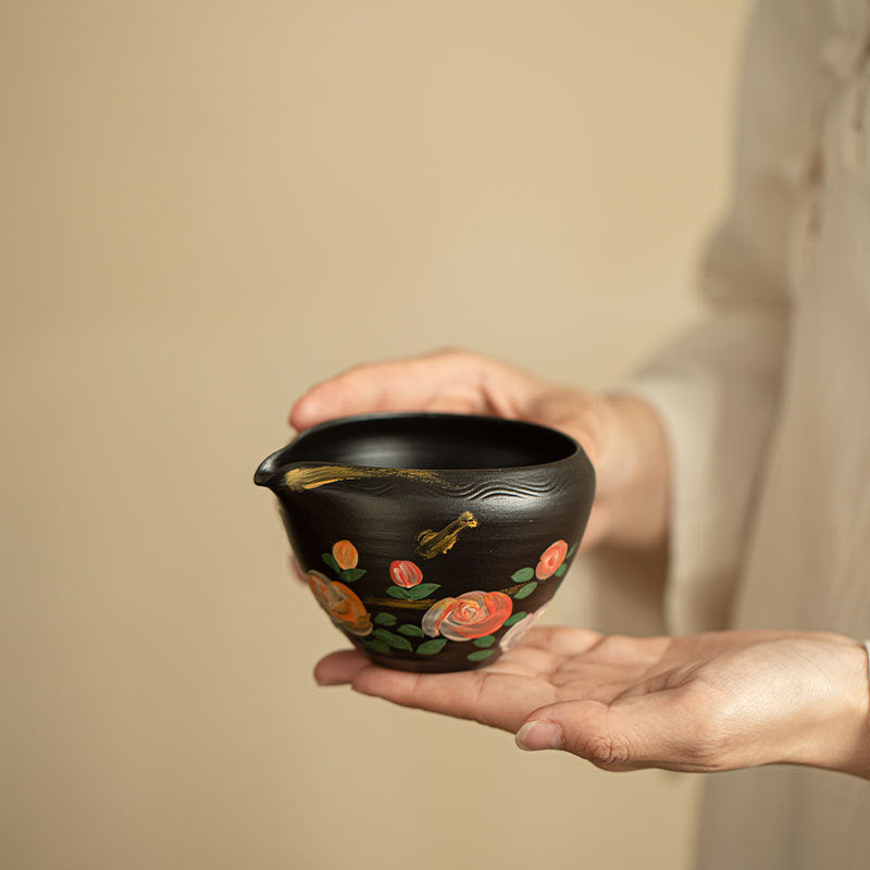 Authentic Jingdezhen Black Pottery Hand-Painted Rose Fairness Pitcher - 220ml Gongfu Cha Hai