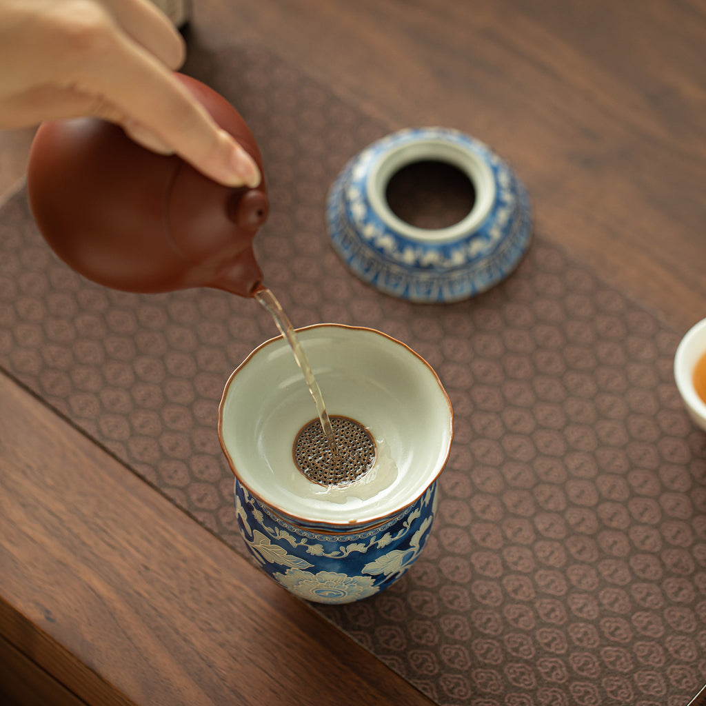 Authentic Song-Style Ru Ware Celadon Yuan Blue & White Ceramic Tea Strainer Set - 2pc Teaware Accessories
