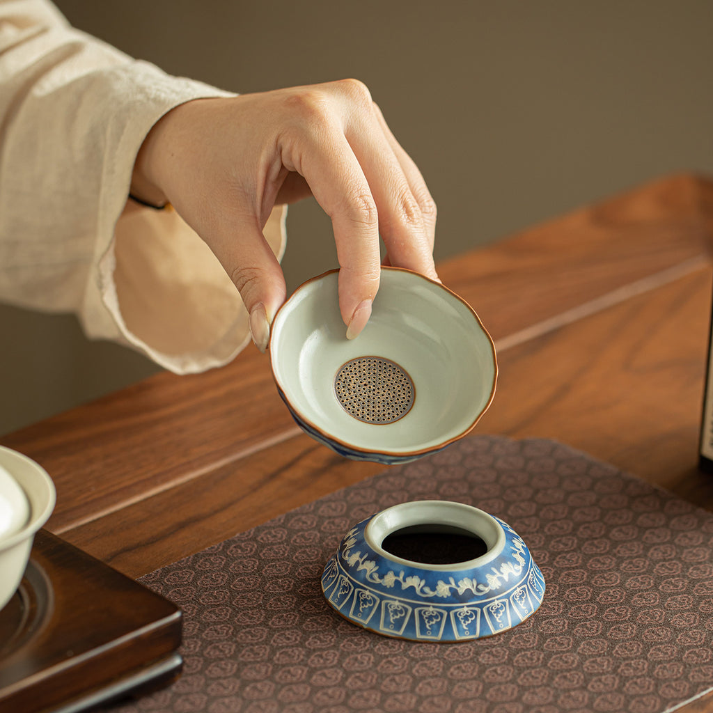 Authentic Song-Style Ru Ware Celadon Yuan Blue & White Ceramic Tea Strainer Set - 2pc Teaware Accessories