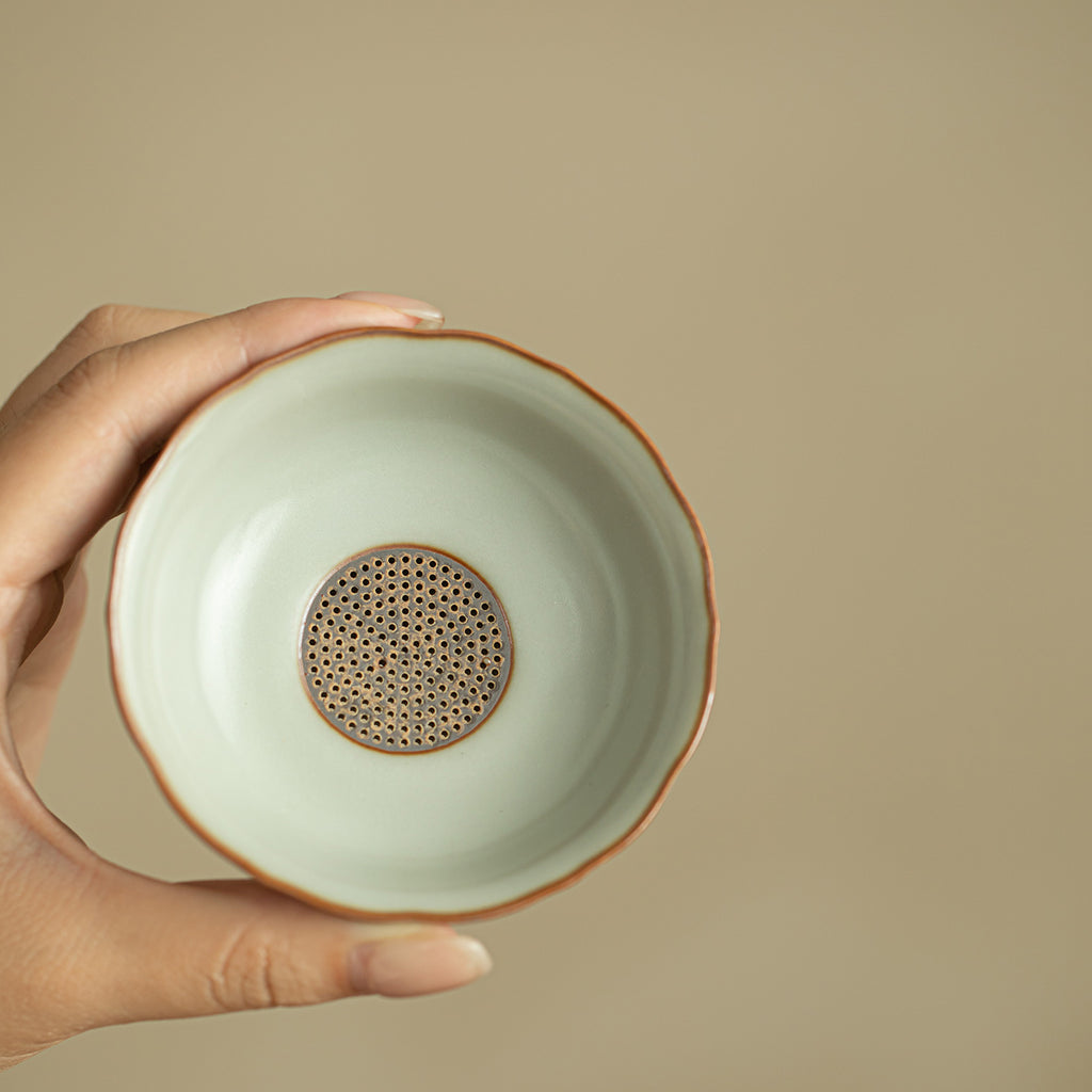 Authentic Song-Style Ru Ware Celadon Yuan Blue & White Ceramic Tea Strainer Set - 2pc Teaware Accessories