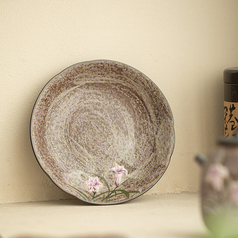 Hand-Painted Coarse Stoneware Old Rock Clay Lily Teapot Stand & Platter Tray - 18cm Teaware Accessories