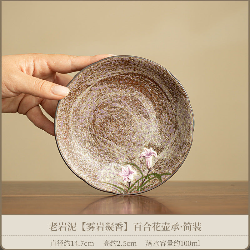 Hand-Painted Coarse Stoneware Old Rock Clay Lily Teapot Stand & Platter Tray - 18cm Teaware Accessories