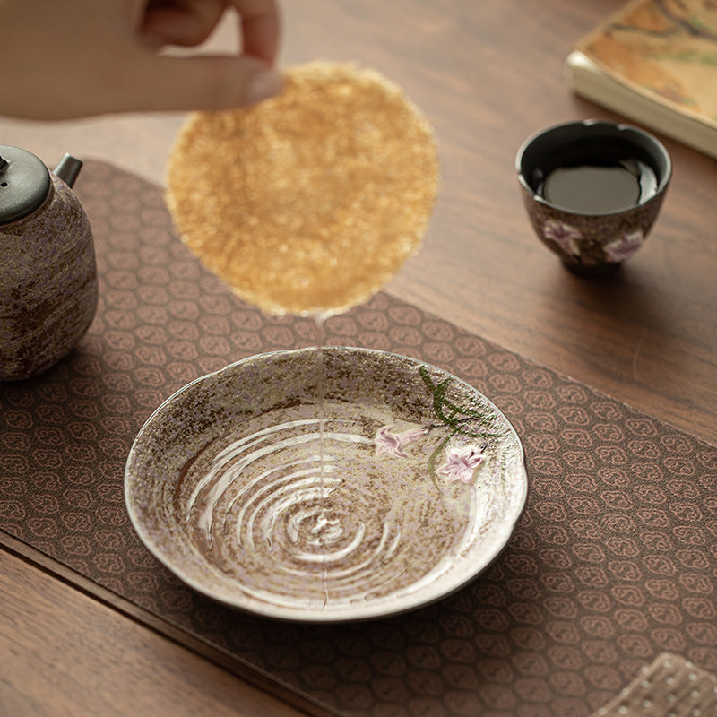 Hand-Painted Coarse Stoneware Old Rock Clay Lily Teapot Stand & Platter Tray - 18cm Teaware Accessories