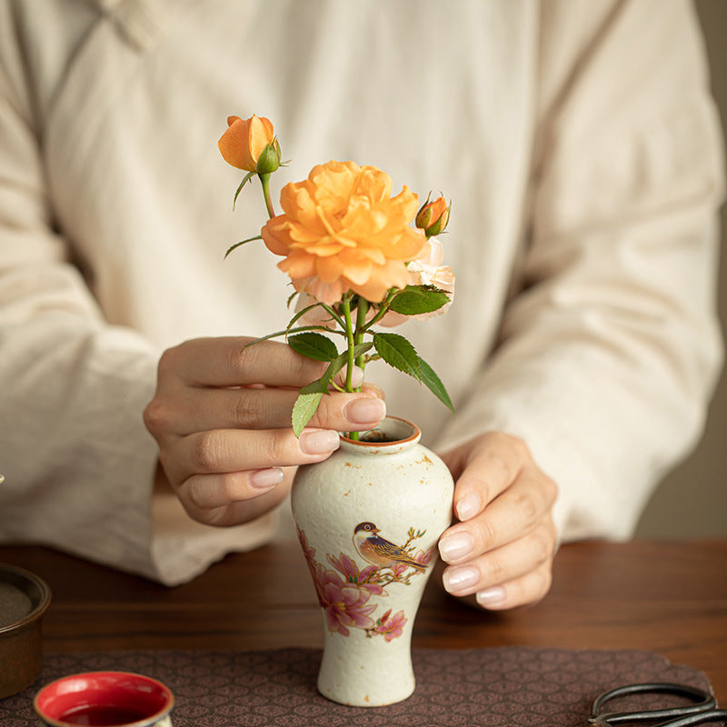 Authentic Antique Huoshihong Sparrow in Courtyard Yuhuchun Ceramic Vase - 14cm Teaware Accessories