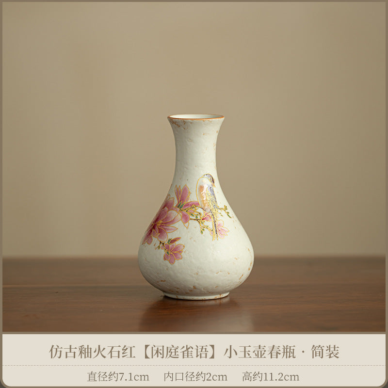 Authentic Antique Huoshihong Sparrow in Courtyard Yuhuchun Ceramic Vase - 14cm Teaware Accessories