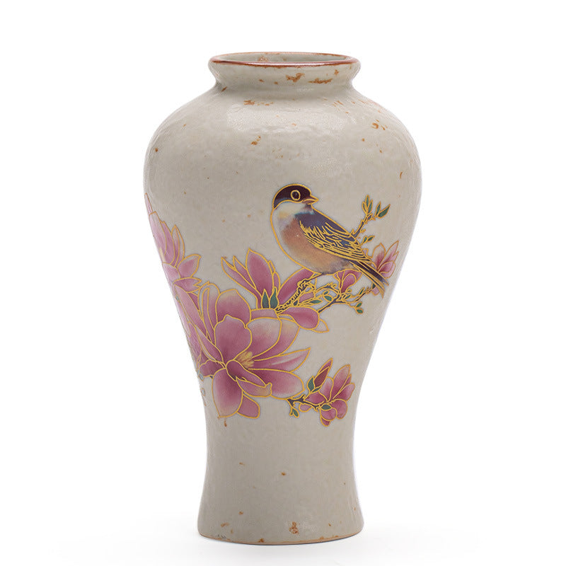 Authentic Antique Huoshihong Sparrow in Courtyard Yuhuchun Ceramic Vase - 14cm Teaware Accessories