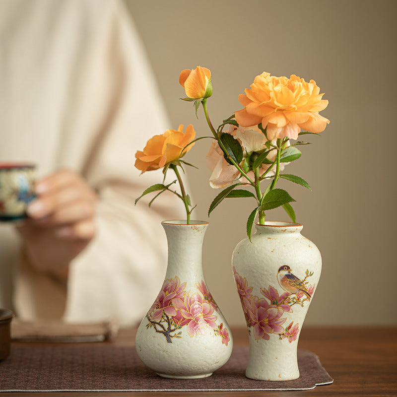 Authentic Antique Huoshihong Sparrow in Courtyard Yuhuchun Ceramic Vase - 14cm Teaware Accessories