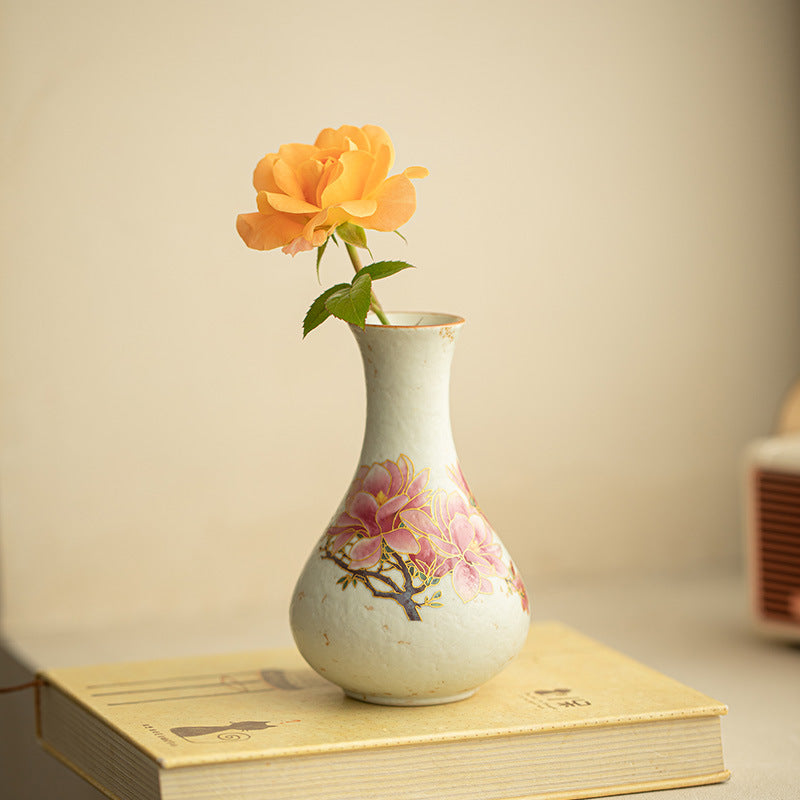 Authentic Antique Huoshihong Sparrow in Courtyard Yuhuchun Ceramic Vase - 14cm Teaware Accessories