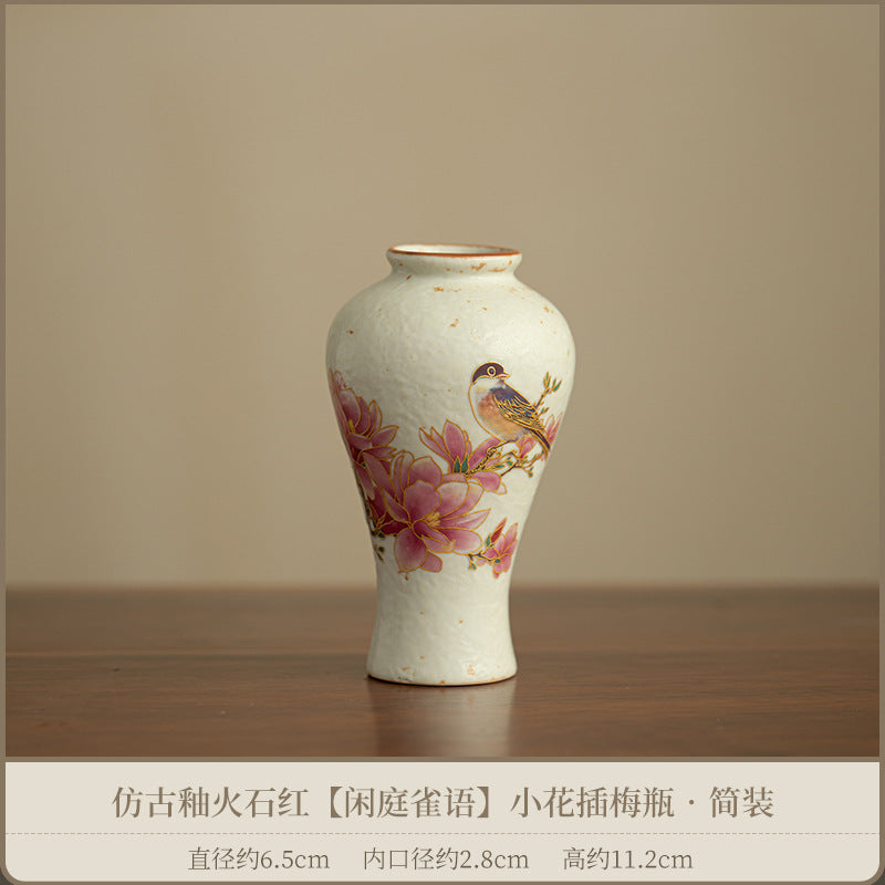 Authentic Antique Huoshihong Sparrow in Courtyard Yuhuchun Ceramic Vase - 14cm Teaware Accessories