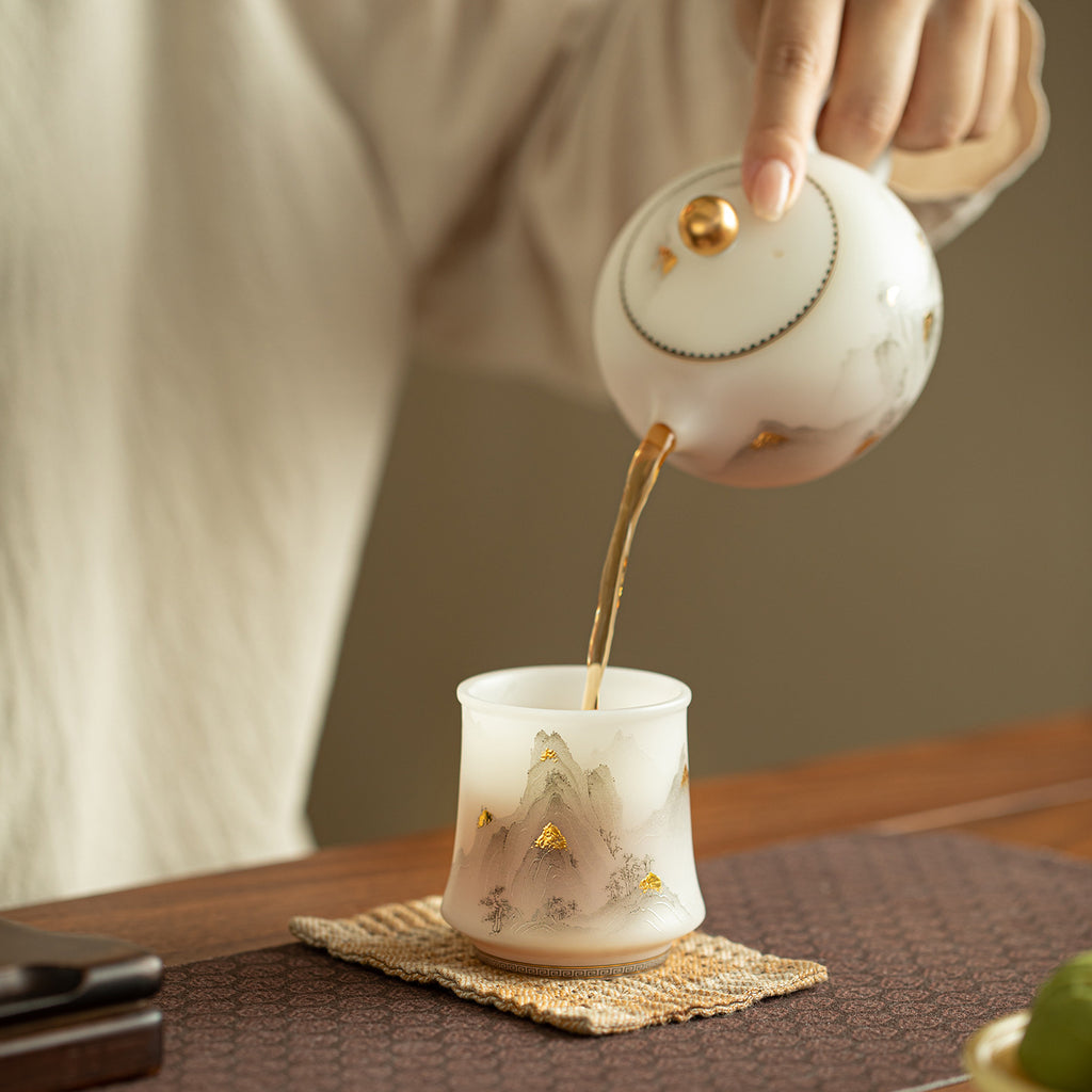 Luxury Dehua Mutton-Fat Jade Ice Biscuit 24K Gold Mountain Archer's Ring Teacup - 80ml Master Cup