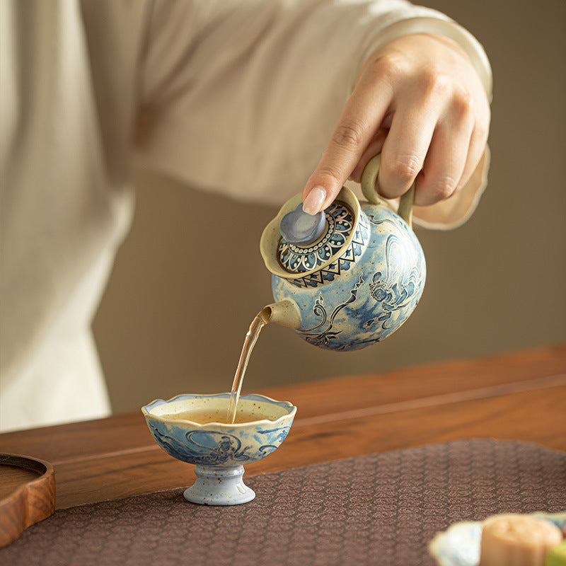 Authentic Jingdezhen Blue & White Huoshihong Dunhuang Flying Apsaras Ceramic Teapot - 190ml Gongfu Pot