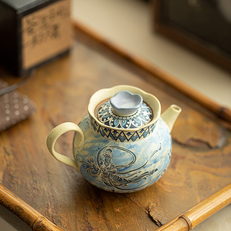 Authentic Jingdezhen Blue & White Huoshihong Dunhuang Flying Apsaras Ceramic Teapot - 190ml Gongfu Pot