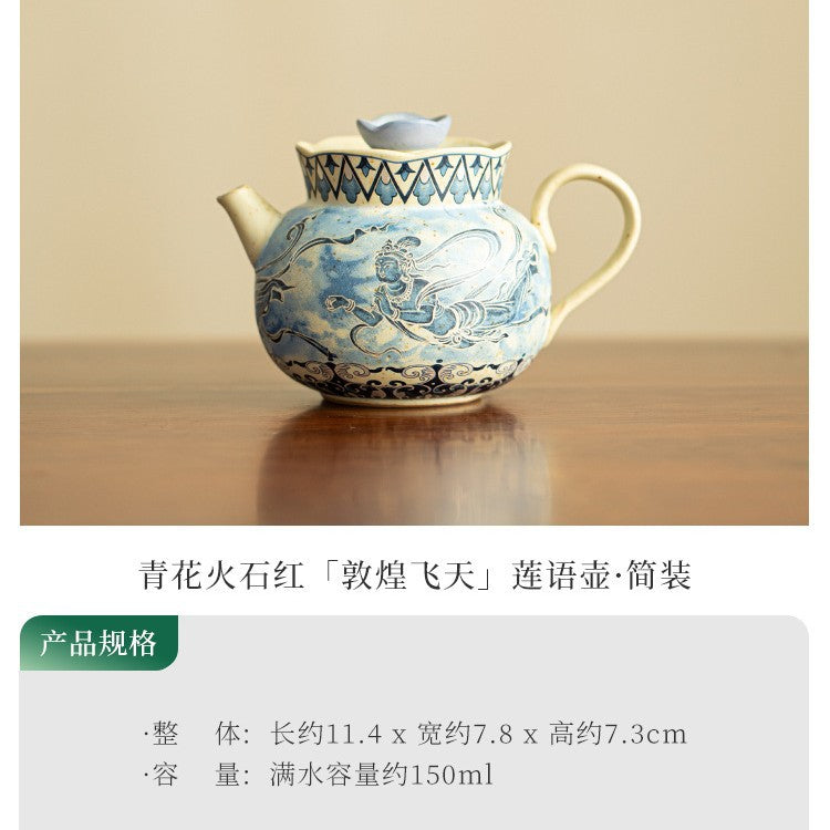 Authentic Jingdezhen Blue & White Huoshihong Dunhuang Flying Apsaras Ceramic Teapot - 190ml Gongfu Pot