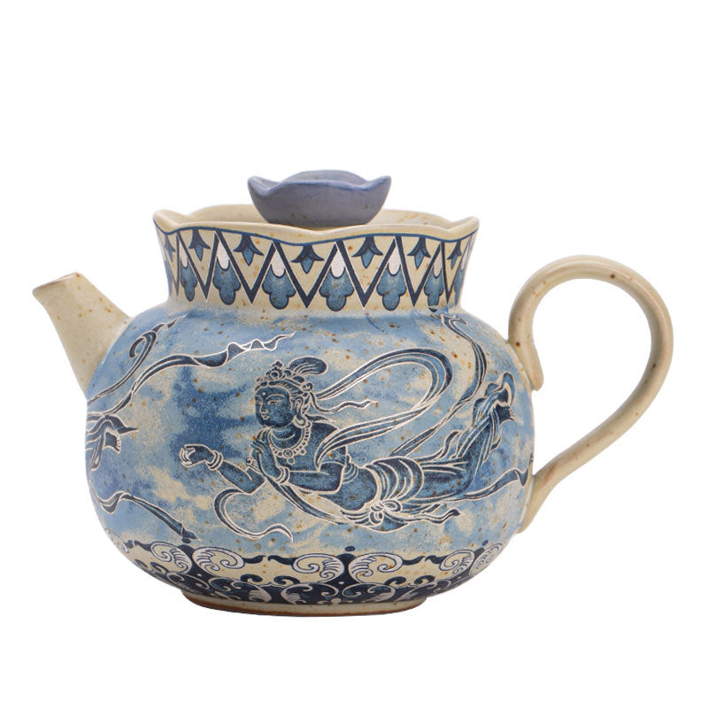 Authentic Jingdezhen Blue & White Huoshihong Dunhuang Flying Apsaras Ceramic Teapot - 190ml Gongfu Pot