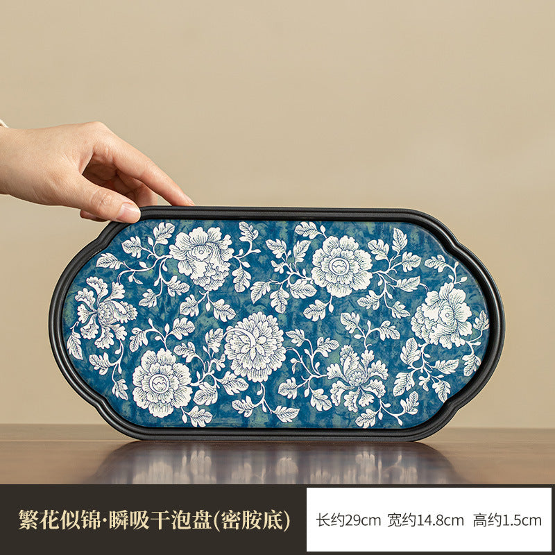Authentic Jingdezhen Hand-Painted Blue & White Interlocking Lotus Dry-Brewing Teaware Tray - 22cm Teaware Accessories