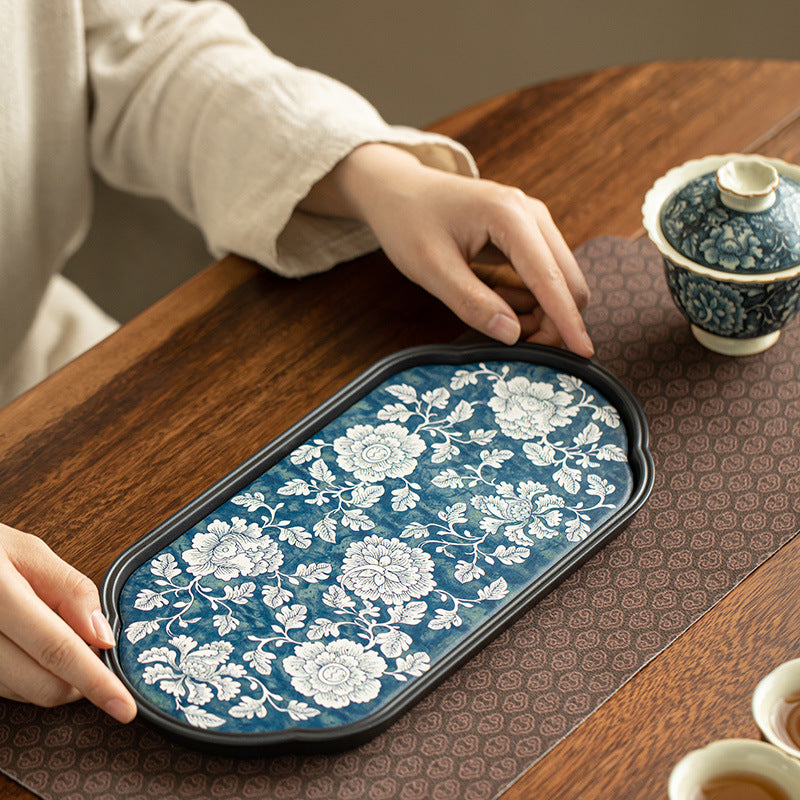 Authentic Jingdezhen Hand-Painted Blue & White Interlocking Lotus Dry-Brewing Teaware Tray - 22cm Teaware Accessories