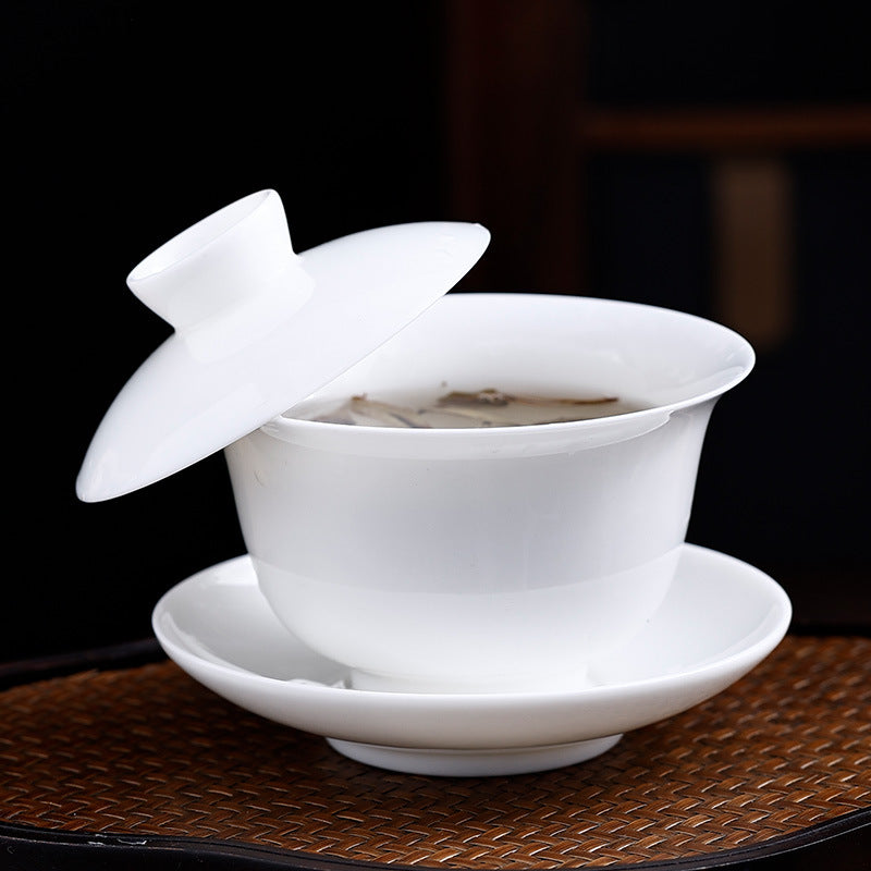 Handcrafted Dehua Thin-Body Mutton Fat Jade Porcelain Hovering Sancai Gaiwan - 160ml Gaiwan Tea Bowl