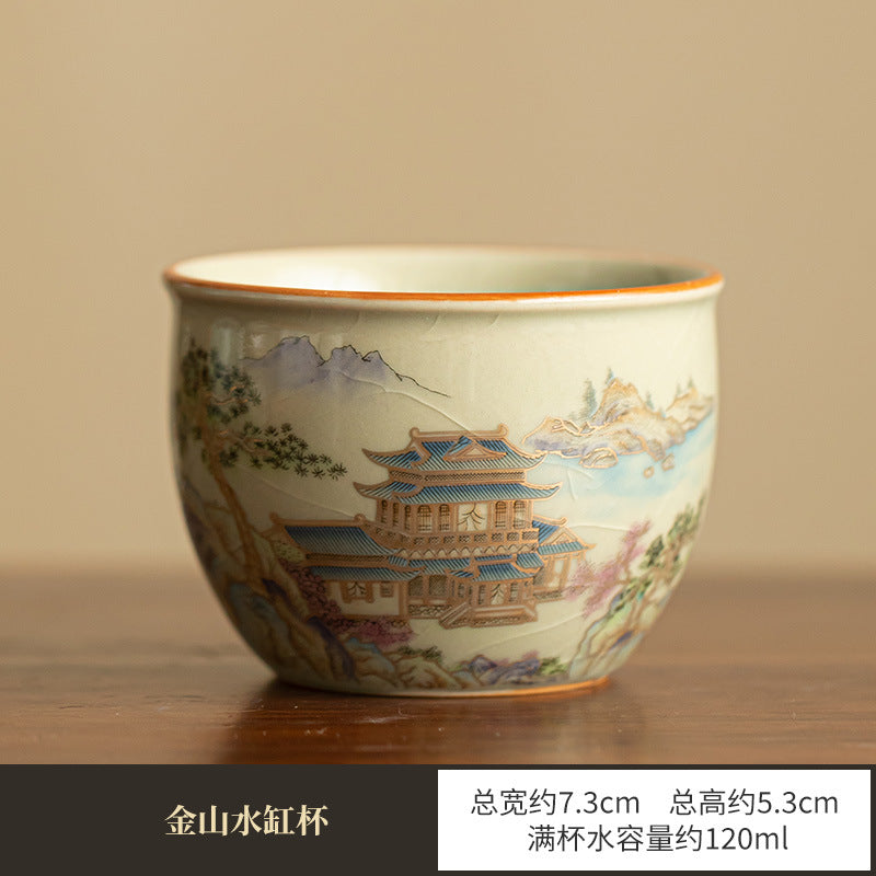 Authentic Ru Ware Landscape Celadon Crackle Sancai Gaiwan & Teacup Set with Gold Filigree - 5-Piece Gongfu Tea Set with Gift Box