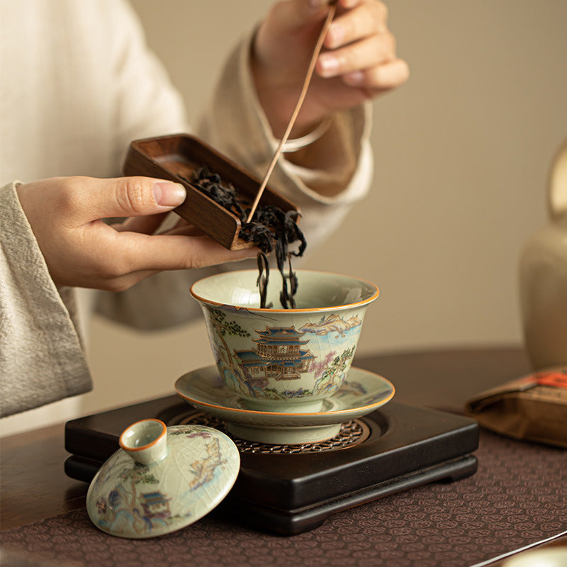 Authentic Ru Ware Landscape Celadon Crackle Sancai Gaiwan & Teacup Set with Gold Filigree - 5-Piece Gongfu Tea Set with Gift Box