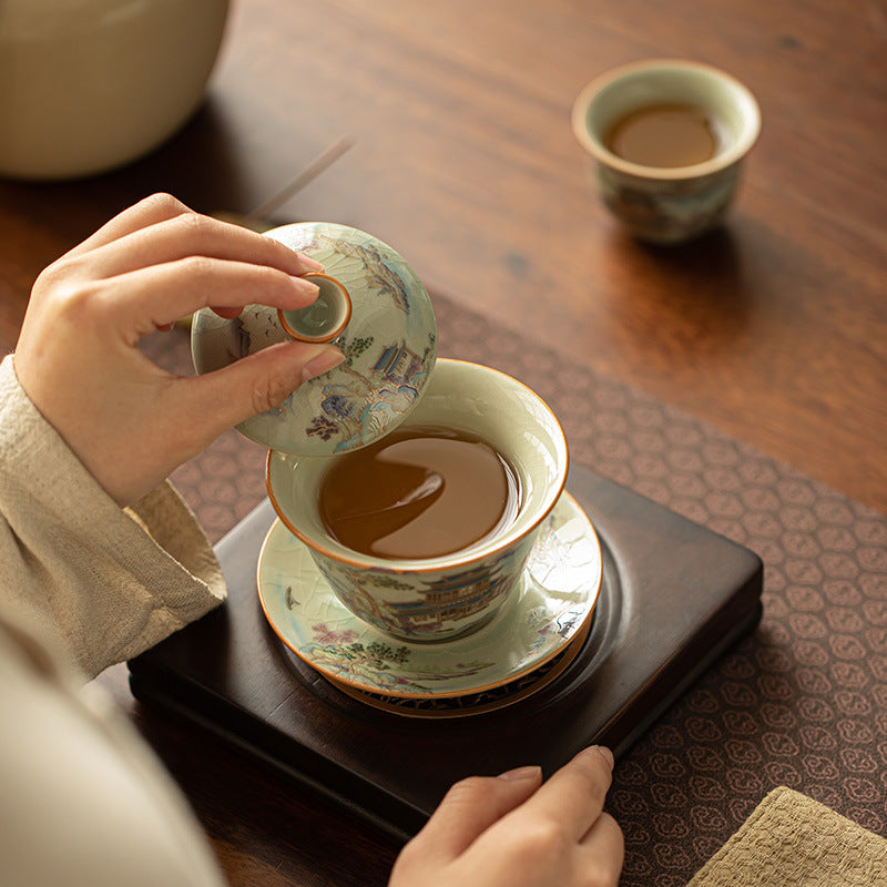 Authentic Ru Ware Landscape Celadon Crackle Sancai Gaiwan & Teacup Set with Gold Filigree - 5-Piece Gongfu Tea Set with Gift Box